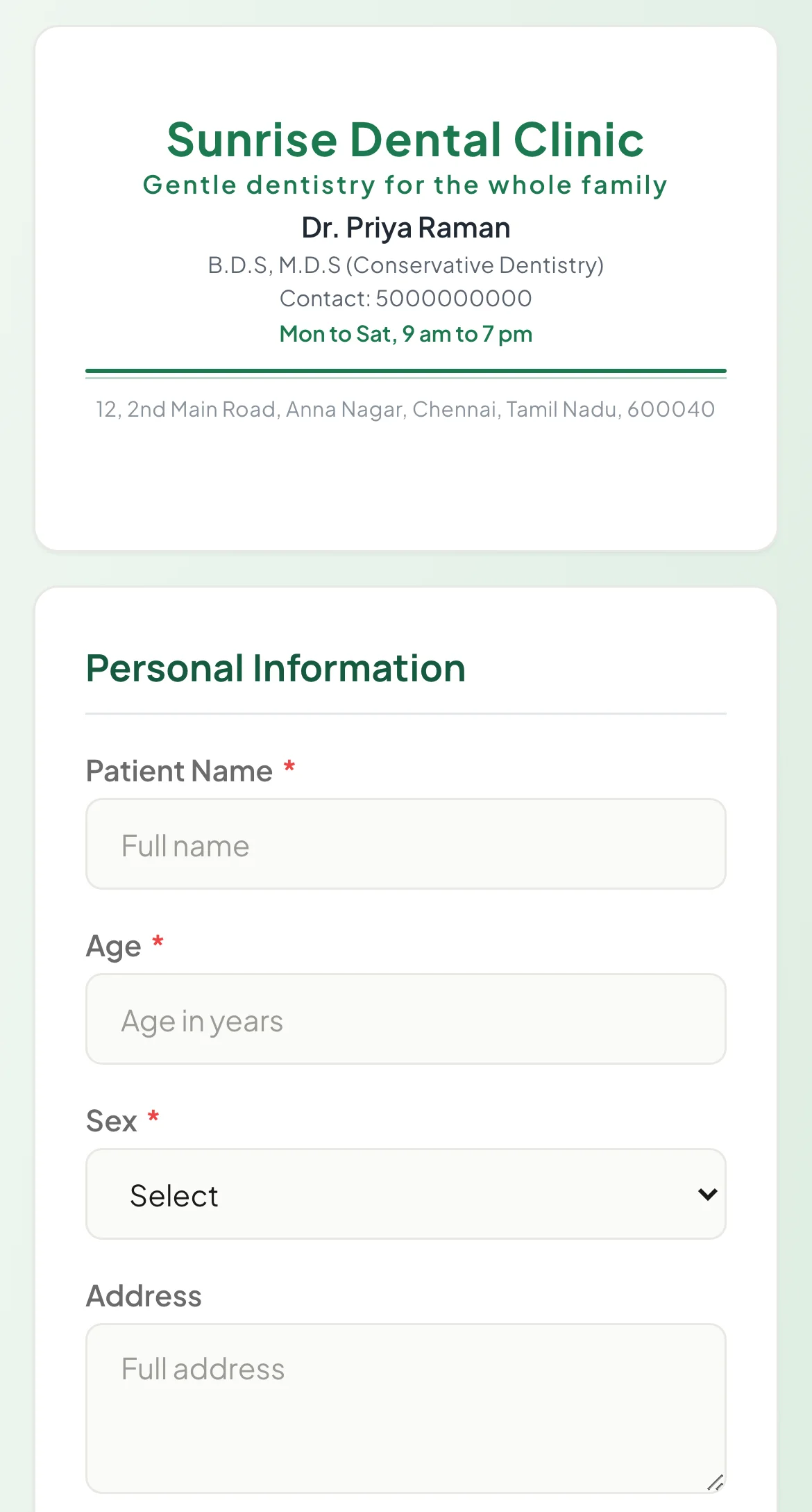 The registration form on a patient's phone